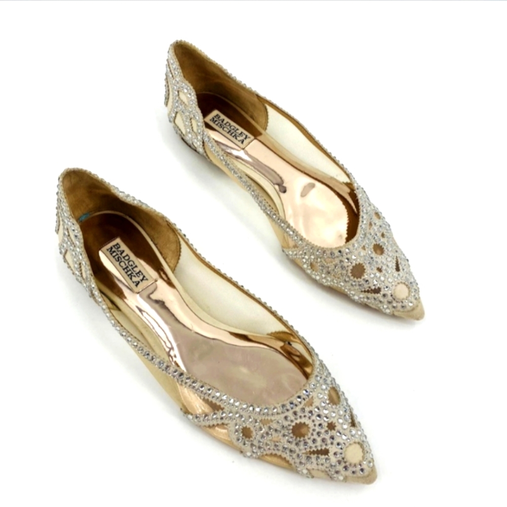 Badgley Mischka Ivory White Wedding Gigi Crystal Detail Ballet Flats Shoe Size 9